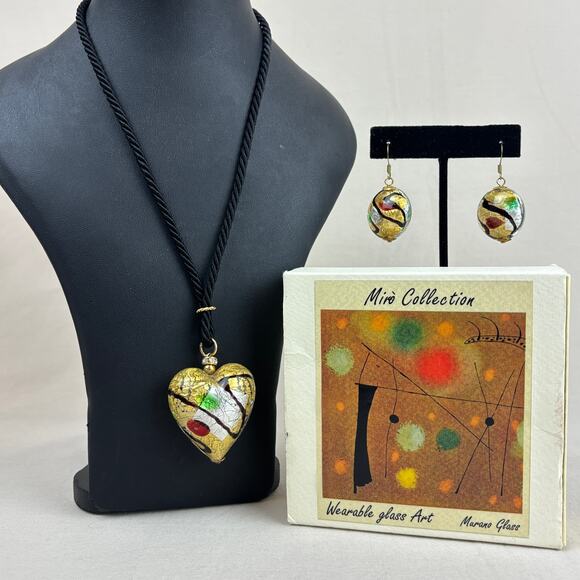 Murano Glass Heart Necklace & Dangle Earrings Set - Miro Collection Art - Picture 1 of 12